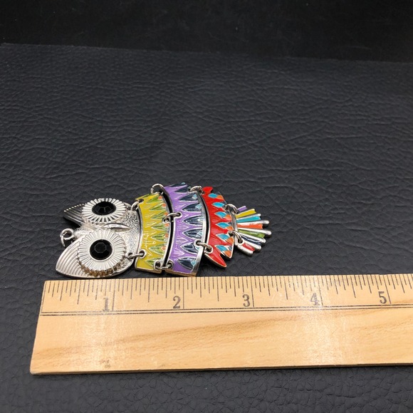 Vtg Articulated Multicolor Owl Pendant Enameled 3.5" Aztec Style w/ Crystal Eyes - Picture 4 of 7
